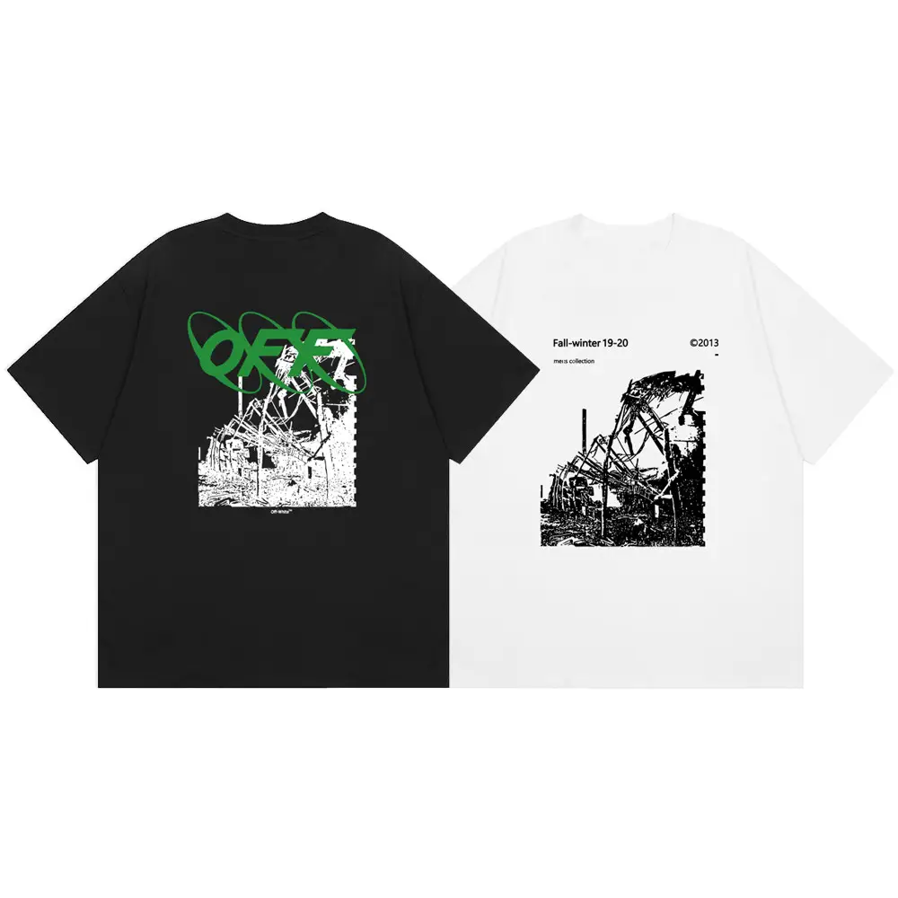 American-Style Trendy Brand Off Caution Line Wo Factory Letter Print Short-Sleeve T-Shirt, Summer Unisex Loose-Fitting Base Shirt