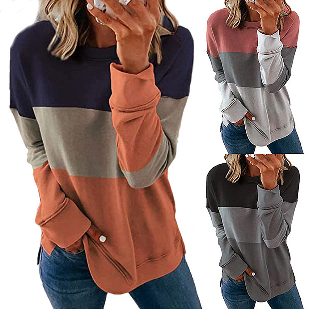 Autumn and Winter New Cross-Border Amazon European and American Fashion Print Contrasting Color Stitching Round Neck Long-Sleeved Sweatshirt Om9976