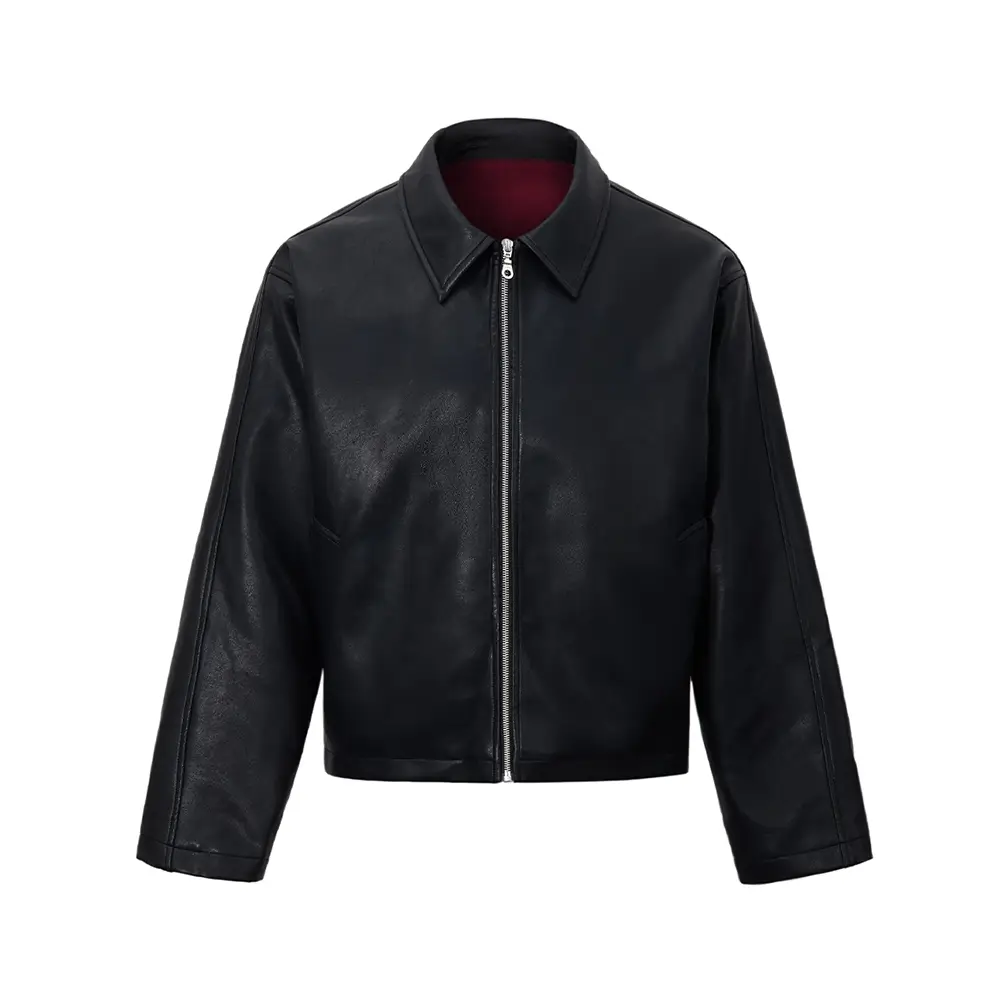 Intent Import Textured Pu Leather Short Wide Black Leather Jacket Cleanfit Men jacket Outwear Ancora Red Lining