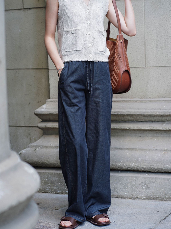 Casual Style Cotton Blend Drawstring Denim Straight-Leg Pants 2026 Summer New Women's Slimming Wide-Leg Pants