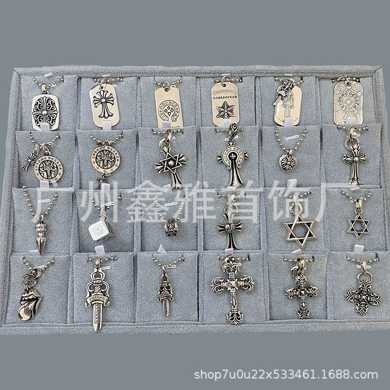 Ch Crowd Retro Sword Six-Pointed Star Flame Cross with Light Bead Chain Fashion Trendy Couple Necklace