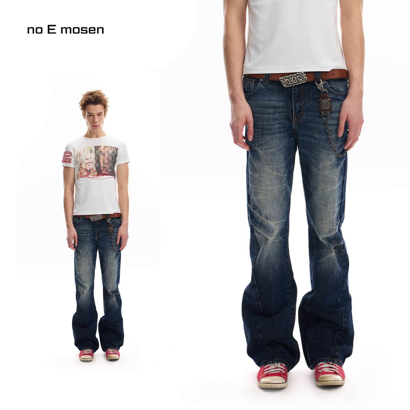 No E mosen (noE) ice blue cracked washed three-dimensional cat whiskers fit snugly, 13 ounce jeans Foto QC de TAOBAO na Qualit.ly