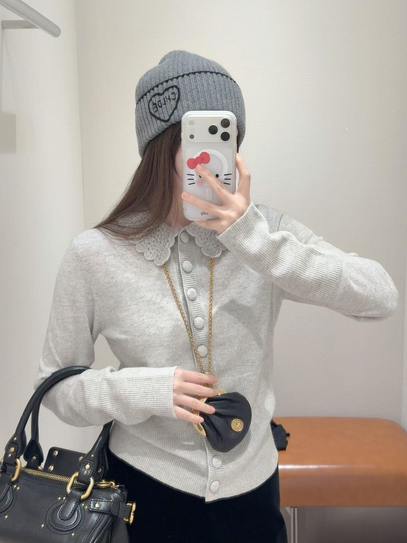 Chlo26 Spring New Style Light Gray Wool Breathable Soft Handmade Crochet Collar Single-Breasted Versatile Knitted Women's Top