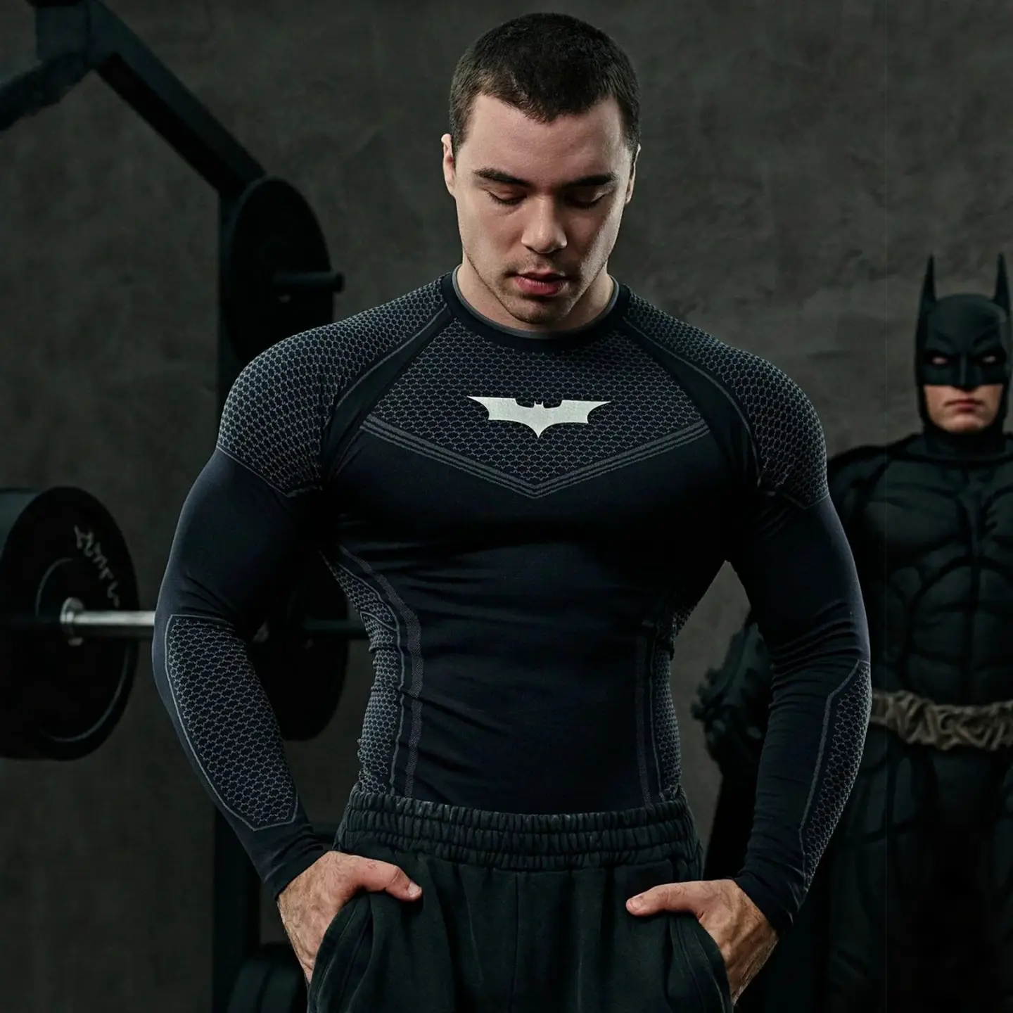 Youngla American-Style Batman Fitness T-Shirt Tight-Fitting Training Clothes Men's Sports Clothes Long-Sleeved Tops Quick-Drying and Breathable
