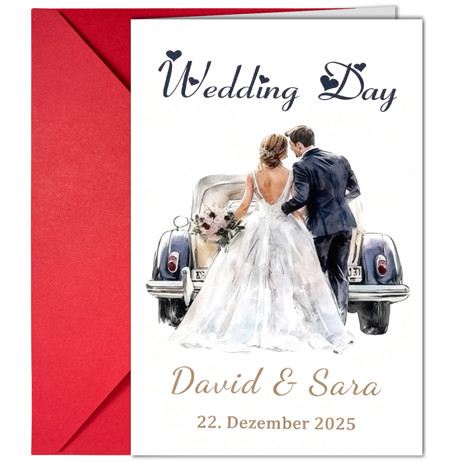 New 1-Piece Wedding Greeting Card Envelope Set with Watercolor Style Wedding Car Illustration, Can Be Printed with Name and Date, Blessing Card
