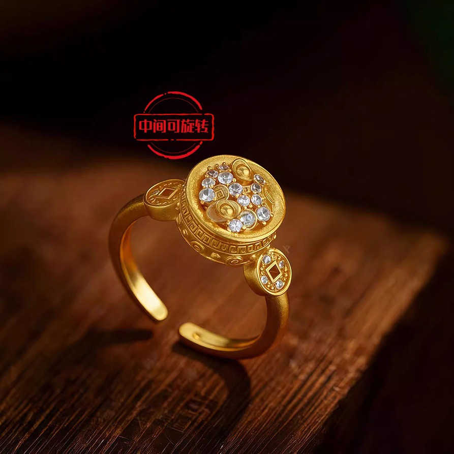 Real Gold-Plated Rotating Ring for Women, Niche Design, Light Luxury, High-End, New Chinese Style, Heavy Craftsmanship, Open Ring for Women