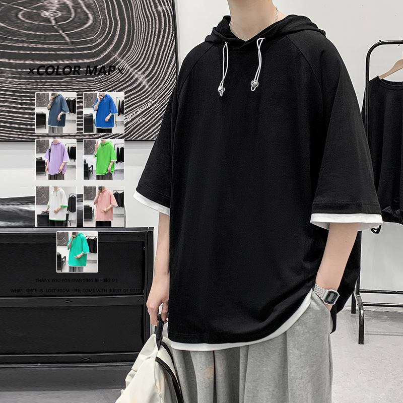 Hooded Short-Sleeved T-Shirt for Boys Summer New Trendy Brand Loose Simple Casual Men's Hooded t Thin Trendy Brand T-Shirt