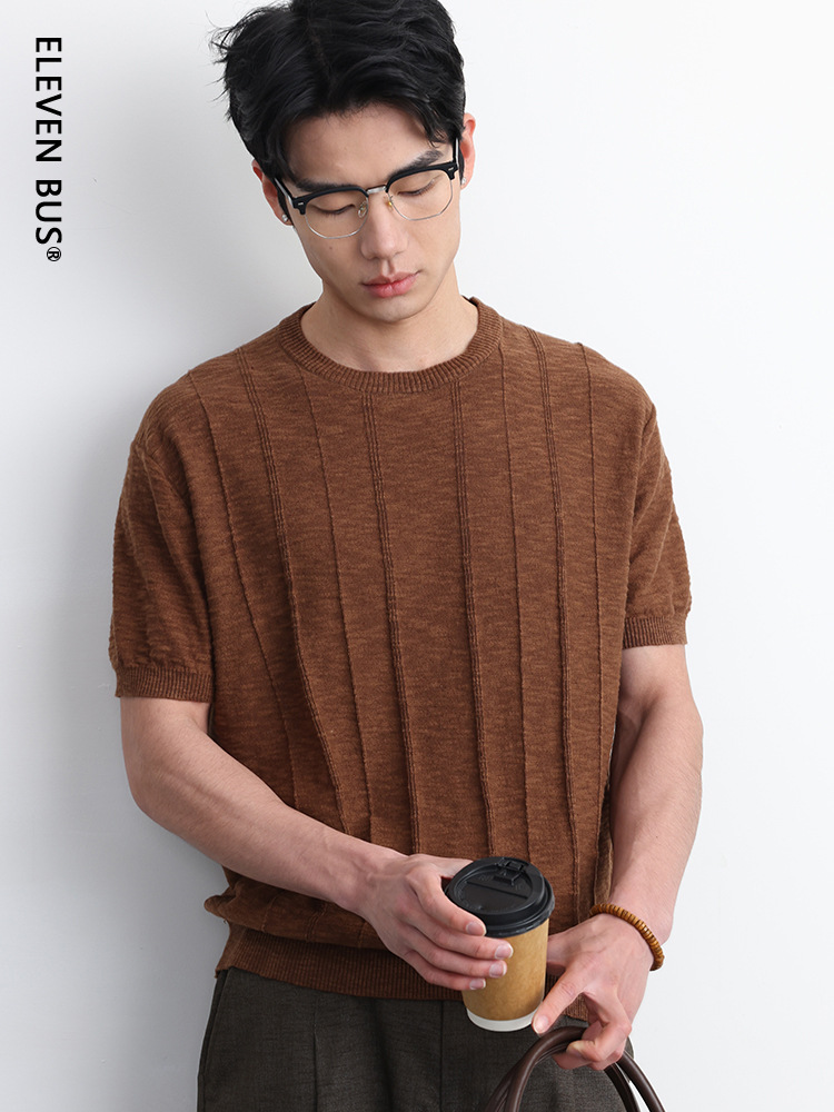 Spring and Summer New Style Breathable Lyocell Linen Blended Knitted Short-Sleeved T-Shirt Men's Casual Vertical Striped Round Neck Top for Men