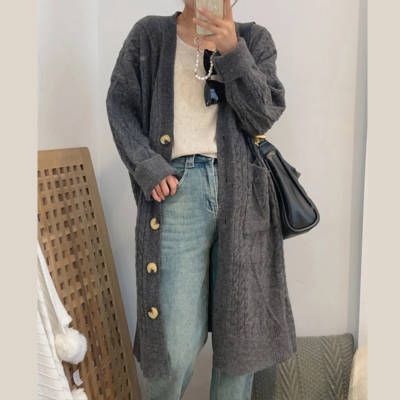 Kaning Gray Long Twist-Knit Cardigan for Women 2026 Autumn and Winter New Design Lazy Style Sweater Jacket