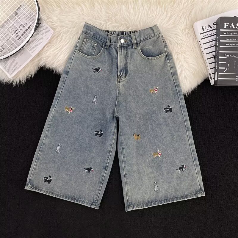 Childlike Fun Puppy Embroidery Jeans for Men, New Summer Style, Slim Straight Loose American Retro Cropped Wide-Leg Pants