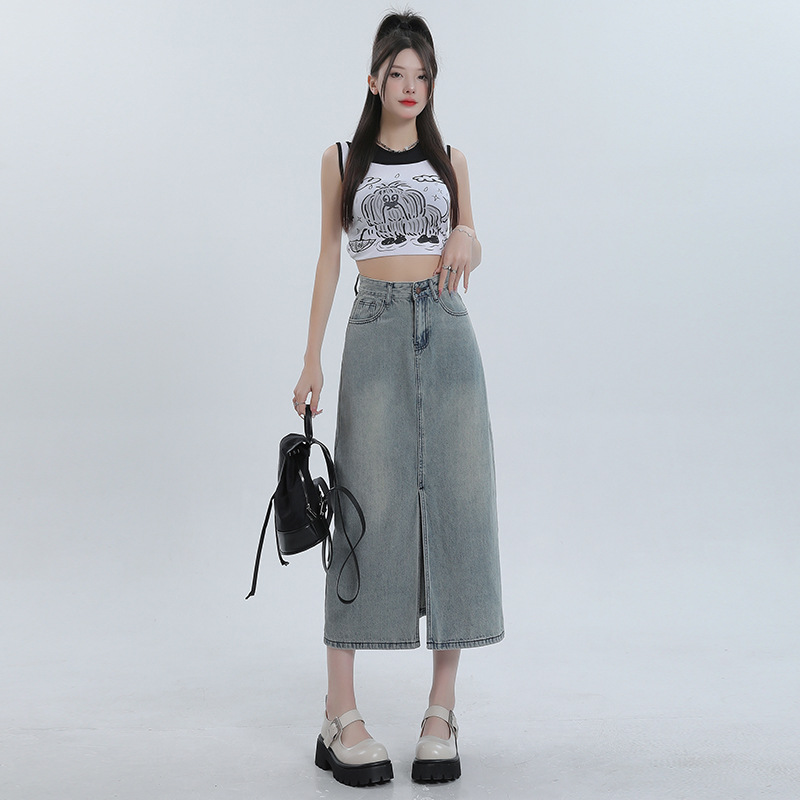 Retro Slit High-Waisted Denim Skirt for Women, 2026 Summer New Style, Slimming and Versatile Mid-Length Bodycon Skirt