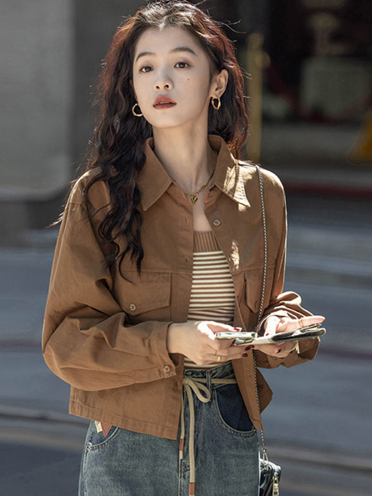 Vintage Thin Jacket for Women, Loose Fit, 2026 Spring and Autumn Korean Style New Long-Sleeve Shirt, Short Outerwear for Petite Figures
