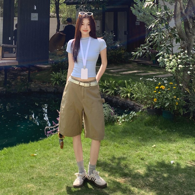 Shangya 6257 New Style Deep Khaki Washed Vintage Multi-Pocket Outdoor Casual Work Shorts Denim Shorts