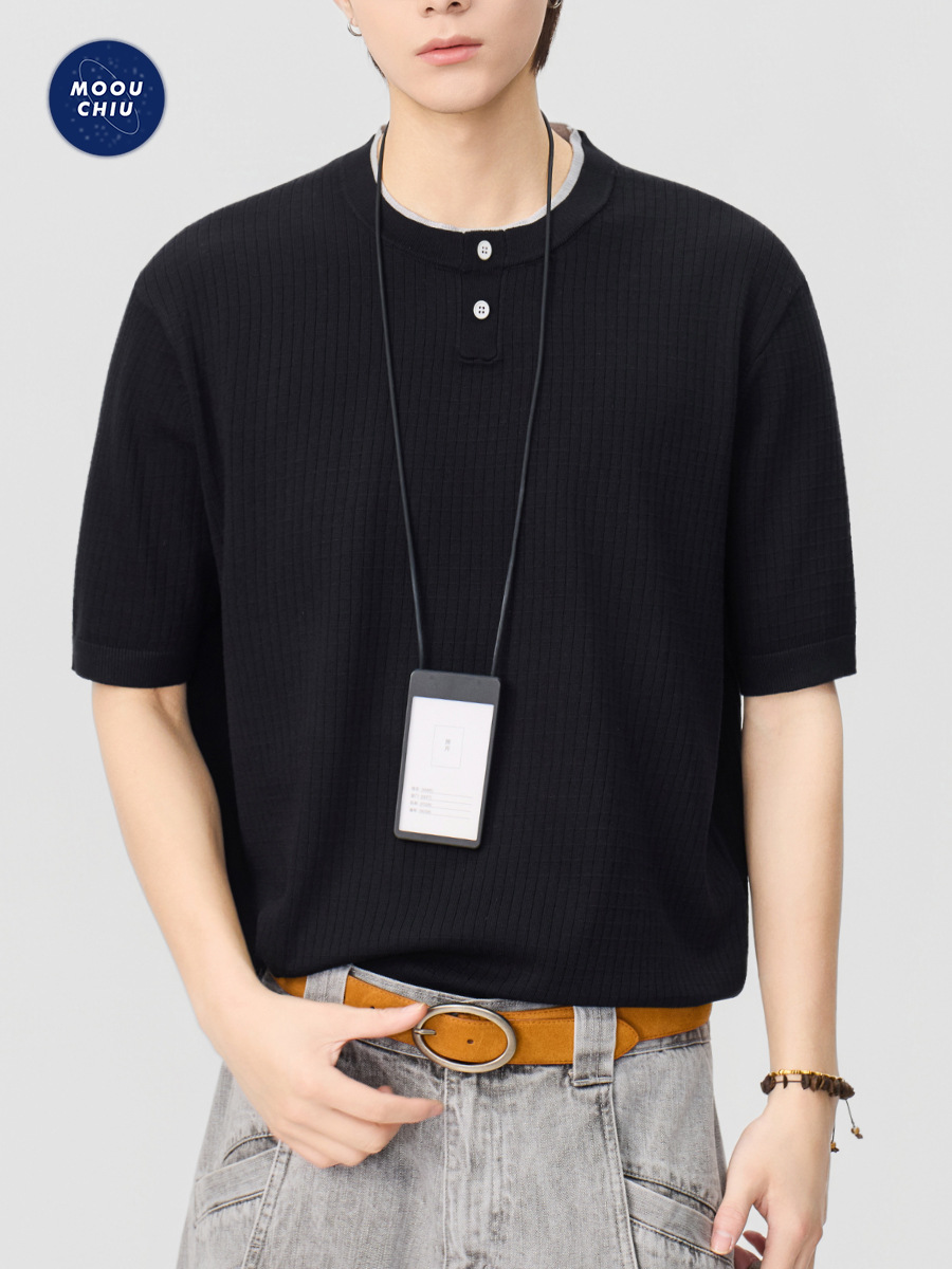 Muqiu Men's Wear | 2026 Summer New Henley Collar Knitted Short-Sleeve T-Shirt for Men with Textured Plaid Pattern Half-Sleeve Top