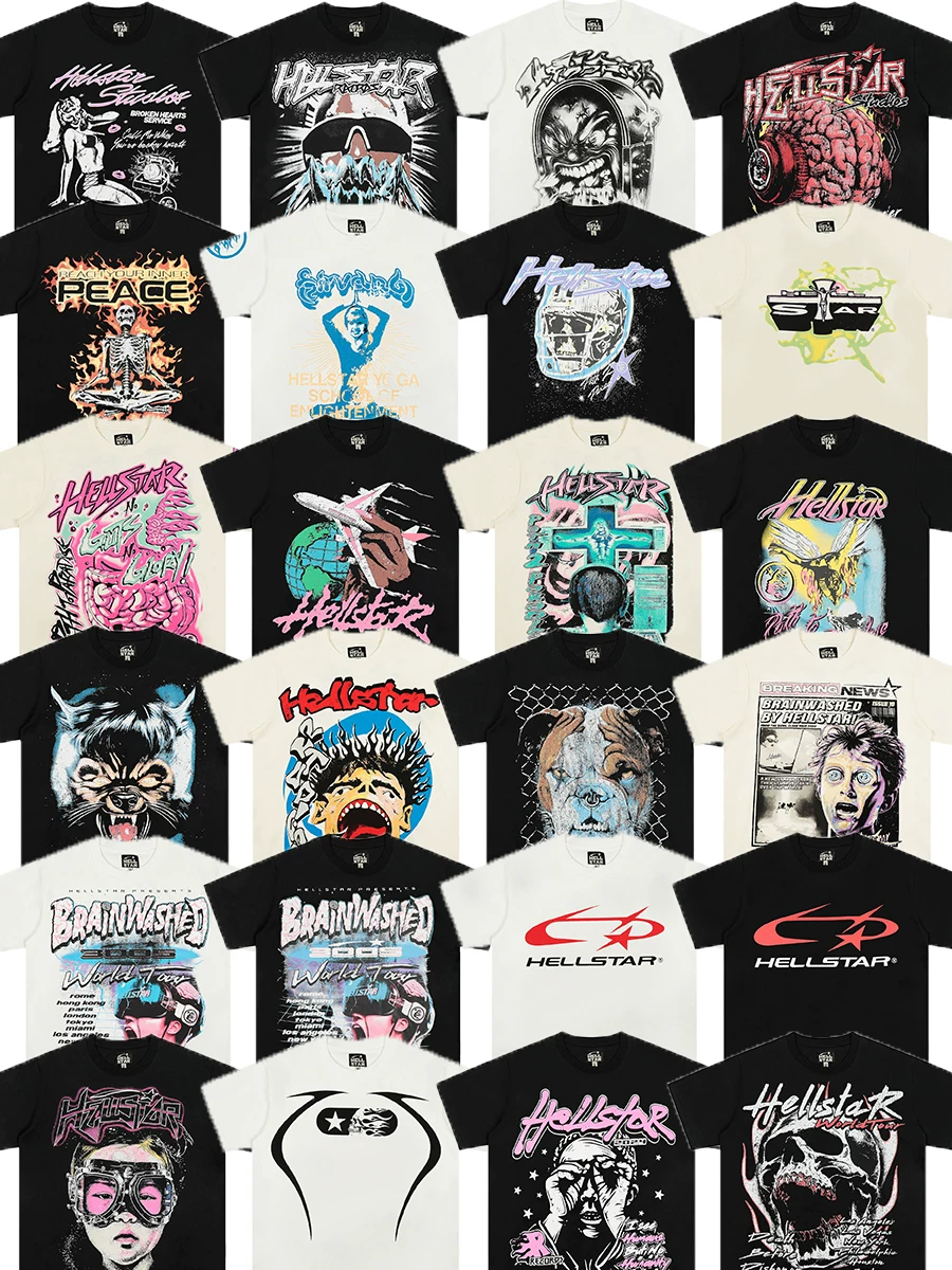 High-Weight Hellstar American Streetwear Brand Short-Sleeve Graffiti Vintage Niche Unisex T-Shirt Foto QC de TAOBAO na Qualit.ly
