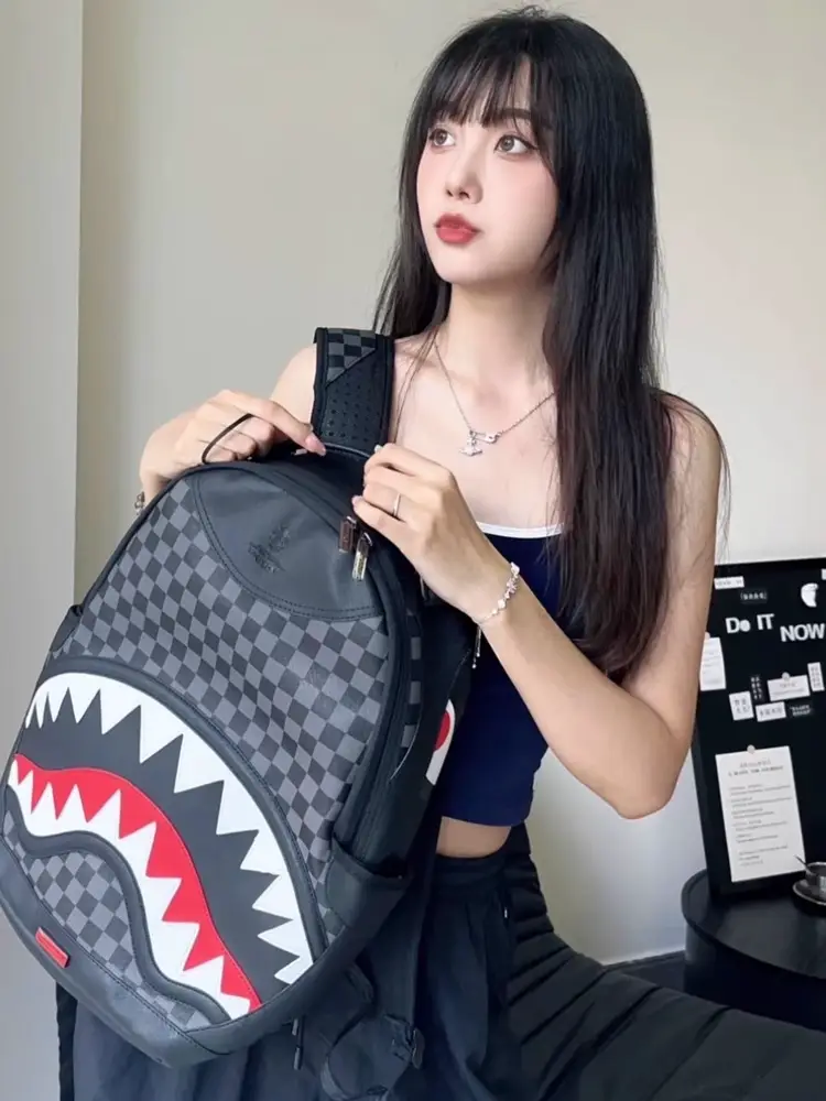 24 New Arrival Sprayground Shark Mouth Checked Backpack Trendy Outdoor Casual Classic Backpack Travel Bag