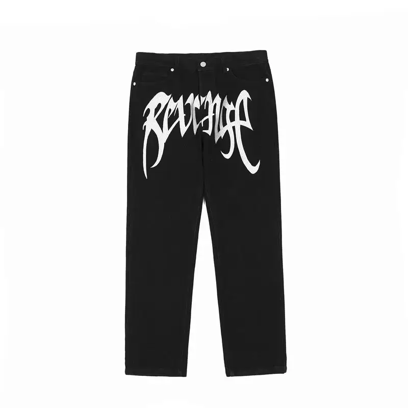 Revenge Embroidered Jeans, All-Over Embroidery Jeans, Classic Black High Street Style Xxx Classic