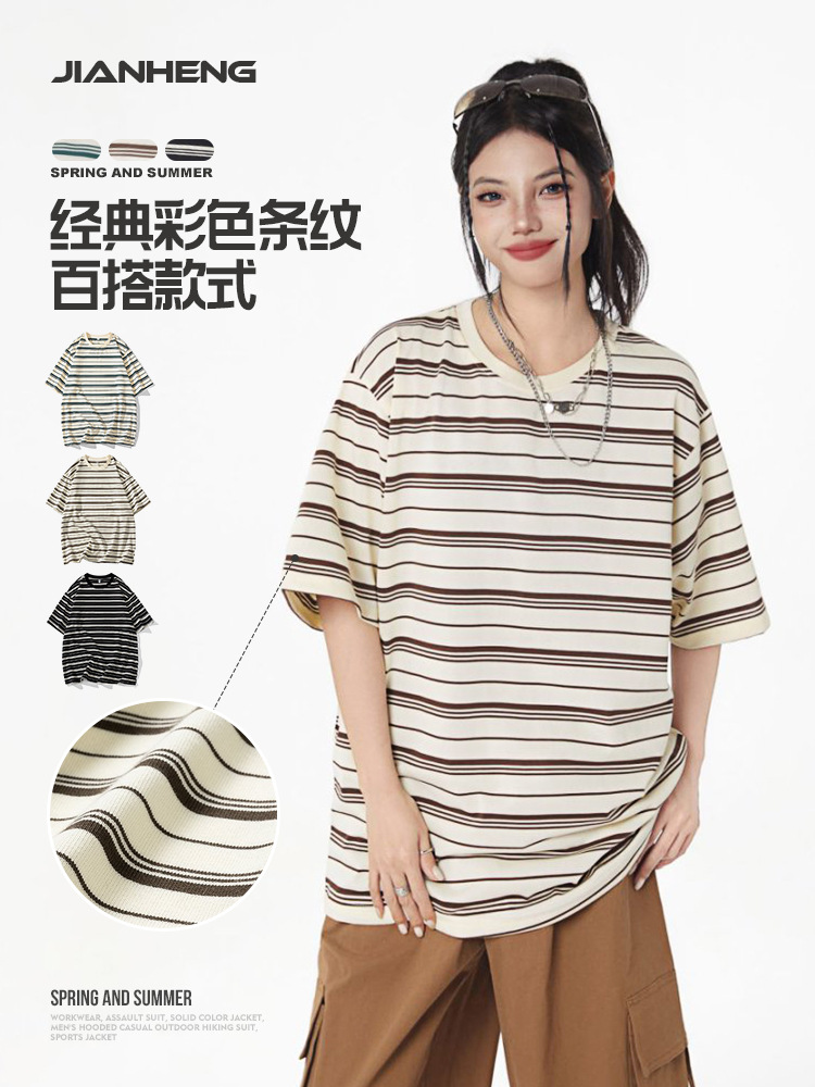 Jian Heng Fu Gu Contrast Color Striped Short-sleeved Men's Color Collar Shoulder-drop Commuter Casual Customized T-shirt Neutral High-end Women