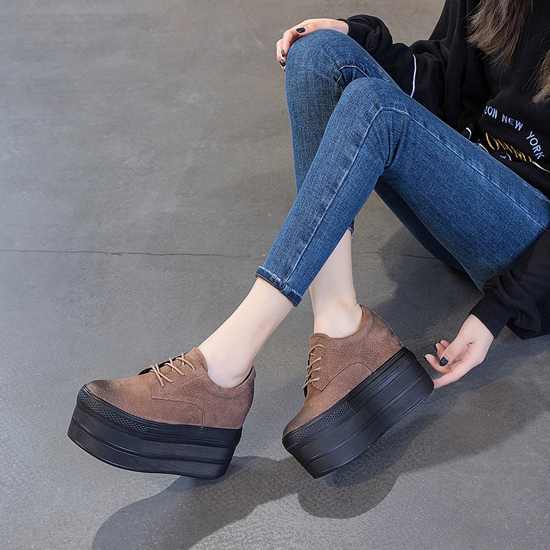 Platform Shoes 2026 Spring New Style Women's Shoes Thick-Soled Hidden Height Increase Retro Distressed Single Shoes Ultra-High Heel 10cm Small Size Leather Surface