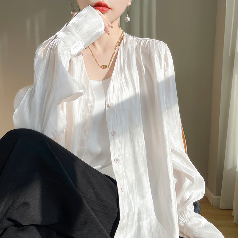 French Silk Satin Acetate Shirt for Women, High-End V Neck, Loose, Lazy, Sunscreen, Air-Conditioned Cardigan Shirt