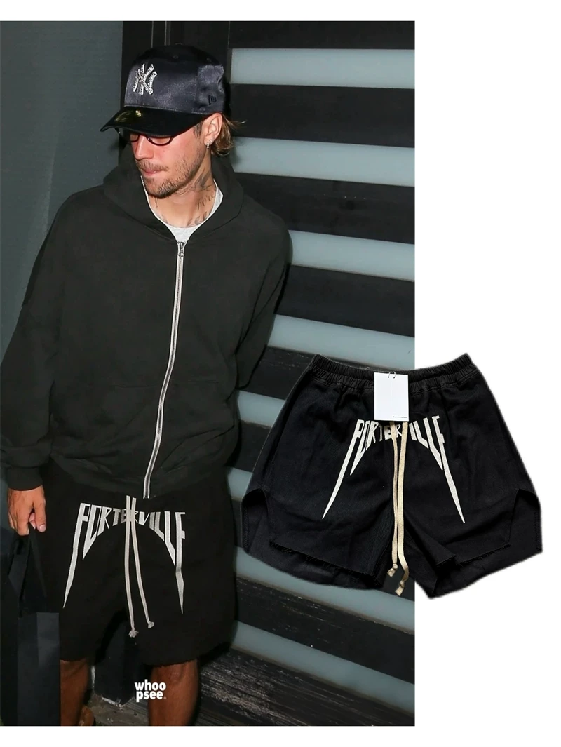 Ro Style 24Wf Show-Style Loose Embroidered Letter Logo Split Hem Raw Edge Boxing Shorts for Men, Same Style as Bieber Street Style