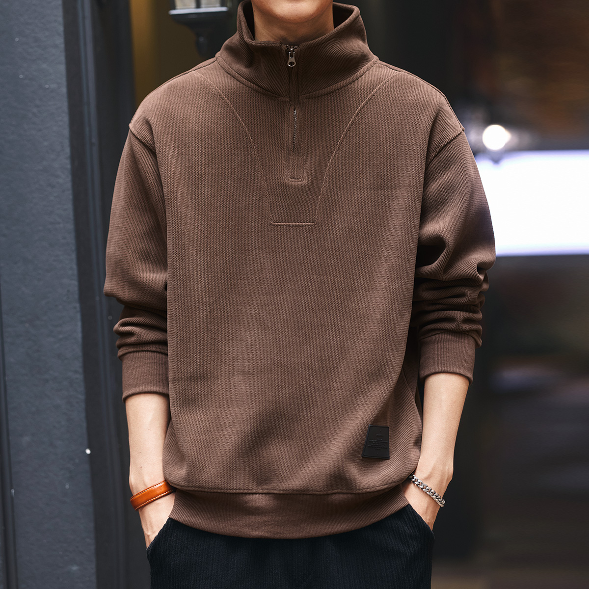 Grille Deer American Heavy Chenille Collar Men's Sweater Autumn and Winter Half Zipper Long Sleeve Polo Jacket for Men