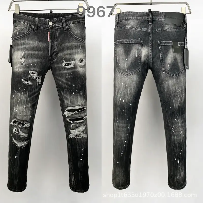 9967 Rhinestone Ripped D2 Men's Denim Pants Trendy European Style Faded Straight-Leg Cross-Border Trendy Jeans