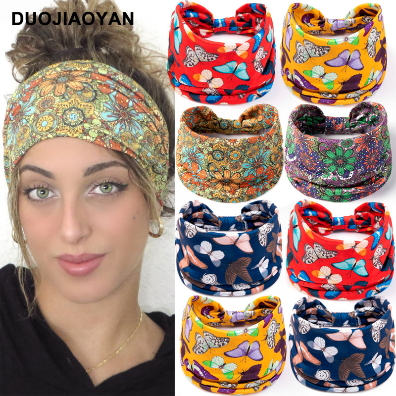 Bohemian Retro Printed Headband Wide Elastic Sports Headband Women's Polka Dot Leopard Print Headband Headscarf Hair Accessories