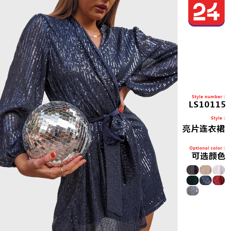 2025 New Arrival Sequin Mini Wrap Dress Women's V-Neck Long Sleeve Puff Sleeve Flash Wrap Around Party Costume