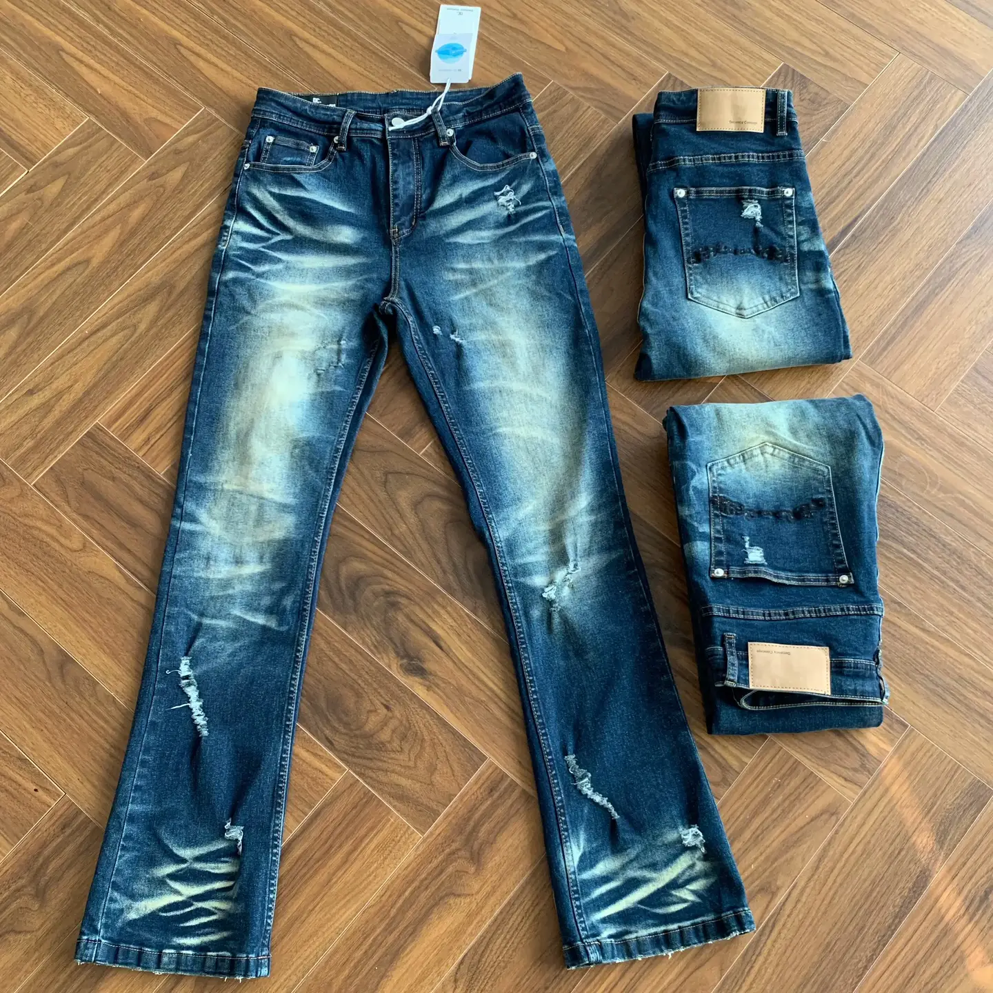 Cleanfit Style European and American Self-Produced Vintage Washed Distressed Whiskered Ripped Flared Stretch Jeans for Men