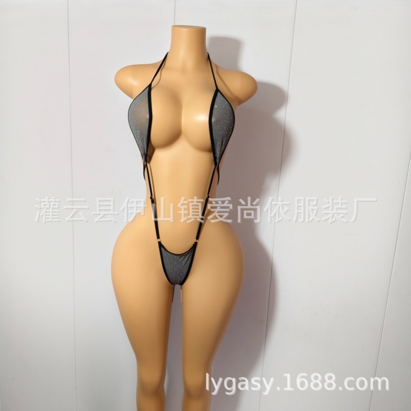 New Cross-Border Foreign Trade Product: Sexy Lingerie with Shiny Fabric, Adjustable Halter Neck One-Piece Sleepwear, Bikini Intimate Set