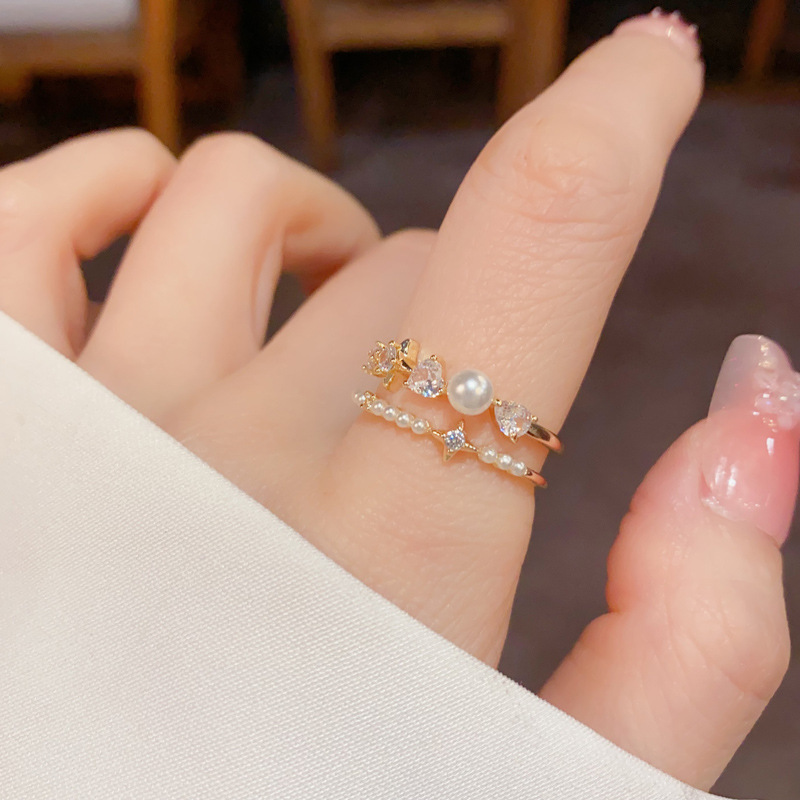 Japanese and Korean Fashion Simple Design Diamond-Encrusted Pearl Double-Layer Open Ring Personalized Light Luxury Versatile Index Finger Ring Accessories