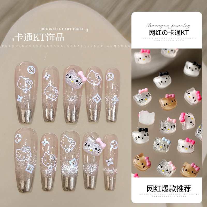 Fine flash KT cat nail accessories wholesale net red cute cartoon resin three-dimensional transparent white nail decorations