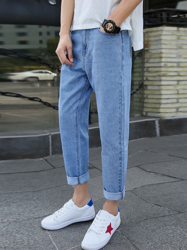Straight-Leg Jeans for Men, New Spring and Autumn High-End Men's Jeans, Youth Style, Loose-Fitting Denim Cropped Pants