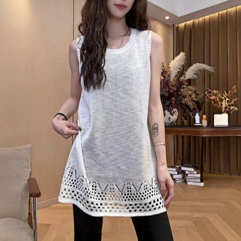 Fashionable Hollow-Out Tank Dress, New Early Summer Style, Stylish Loose-Fitting Slimming Solid Color Dress, High-End Mid-Length Top