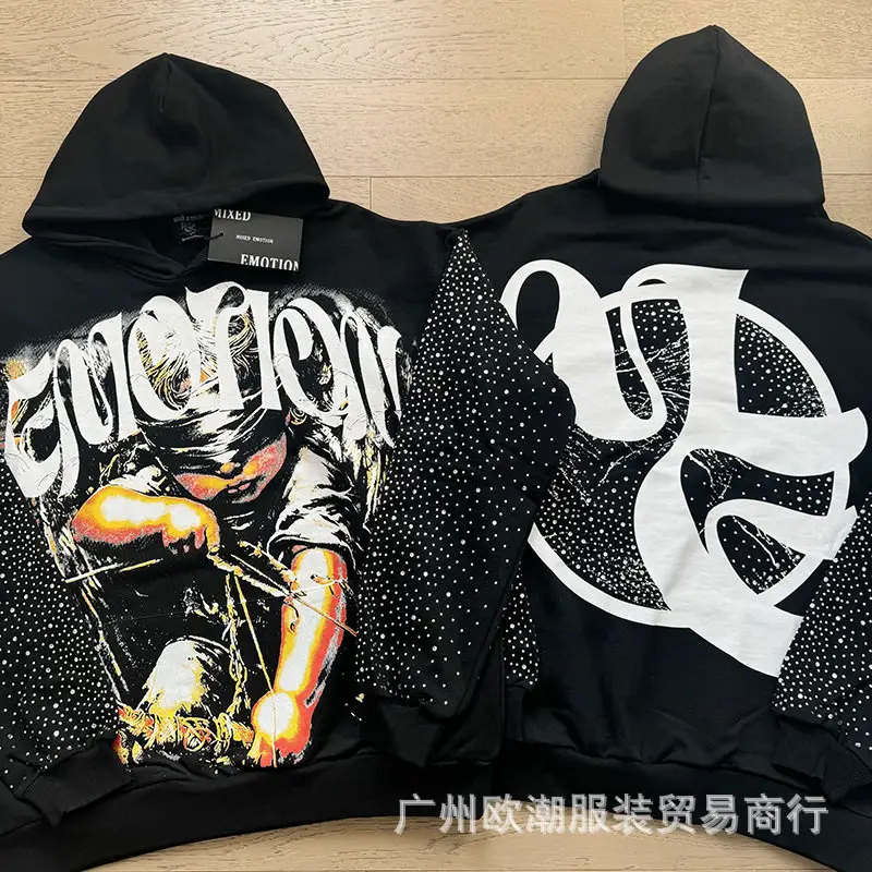 High-Quality Mixed Emotion Trendy Street Hip-Hop Rhinestone White Ink Direct-Print Zipper Hoodie Unisex Sweatshirt