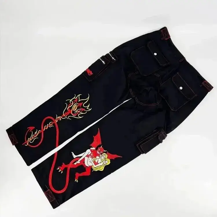 Minustwo Devil Cargo Pants Black and White Two-Tone Devil Embroidered Cargo Pants