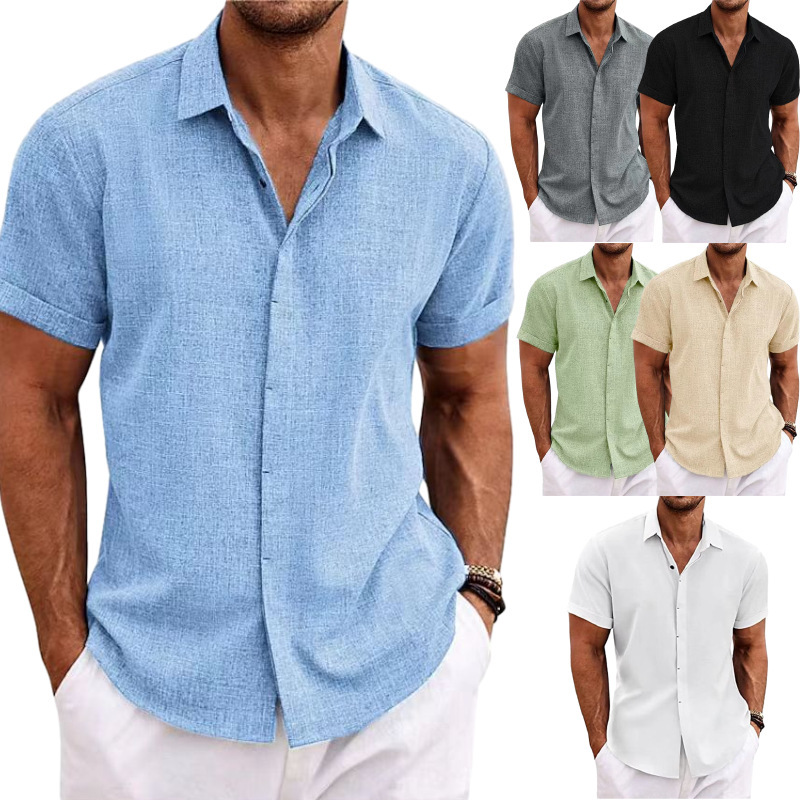 Men's Linen Short-Sleeved T-Shirt, Loose Sweatshirt, Solid Color Cotton-Linen Shirt, Men's Beach Plus-Size Retro Shirt, White