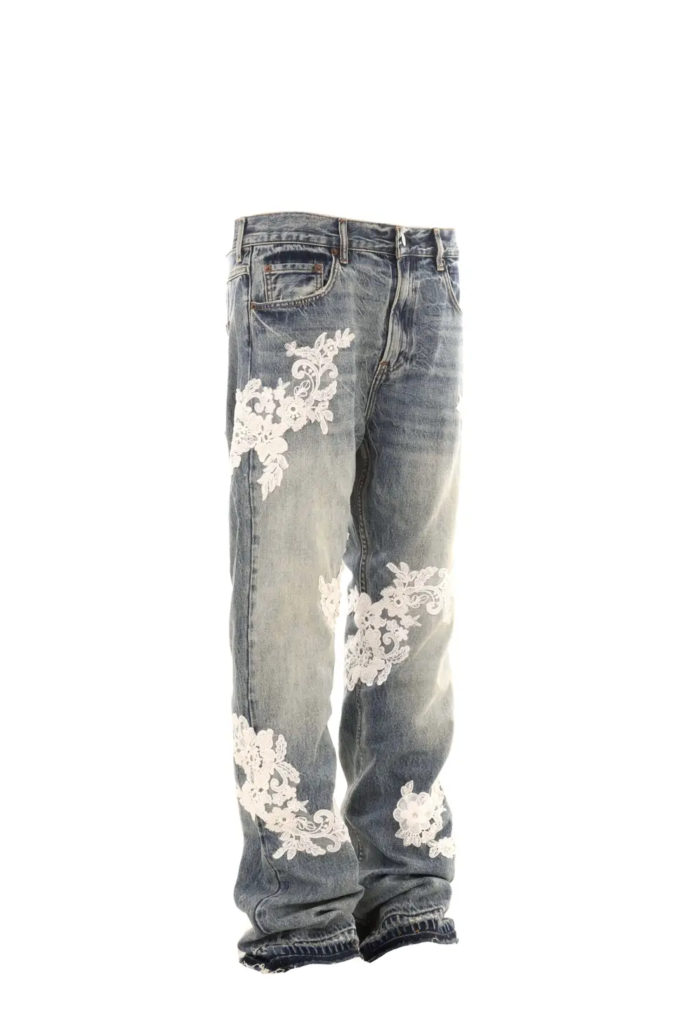 「Rabbit.B」Domestic Designer Brand Pearl Lace Embroider Denim Heavy Industry Wash Straight-leg pants