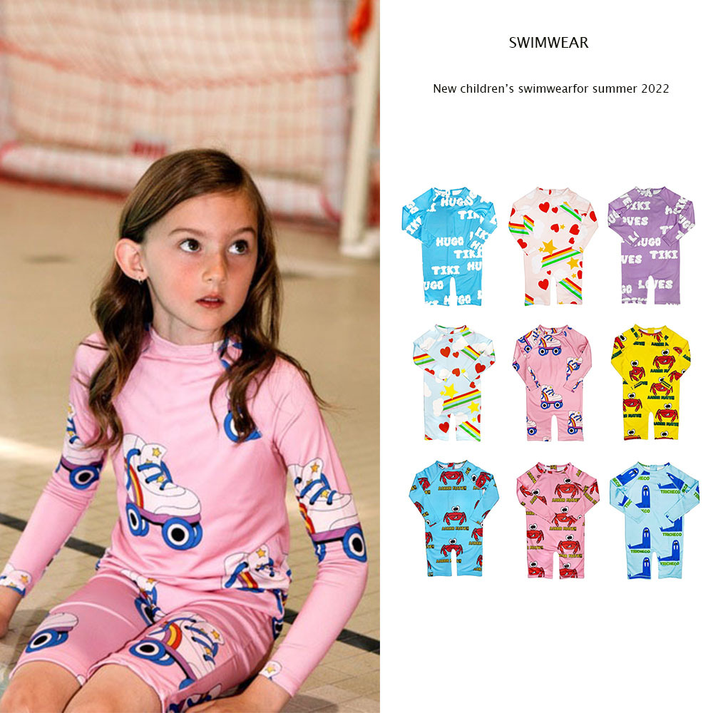Summer girls long-sleeved one-piece swimsuit ins wind children's quick-drying sunscreen conservative swimsuit baby swimwear wholesale