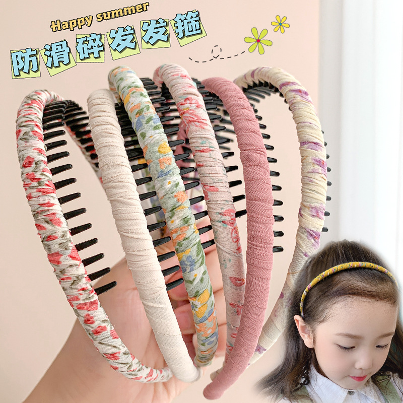 Girls' Floral Fabric Hair Clip with Teeth, Non-Slip, Korean Cute Princess Style, Gentle on Hair, Stylish Hairband
