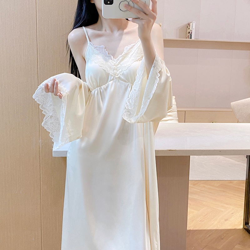 French-Style Extended Women's Pajamas, Ice Silk High-End Nightdress, Sexy Women's Robe with Chest Pad and Lace Trim, New Summer Model