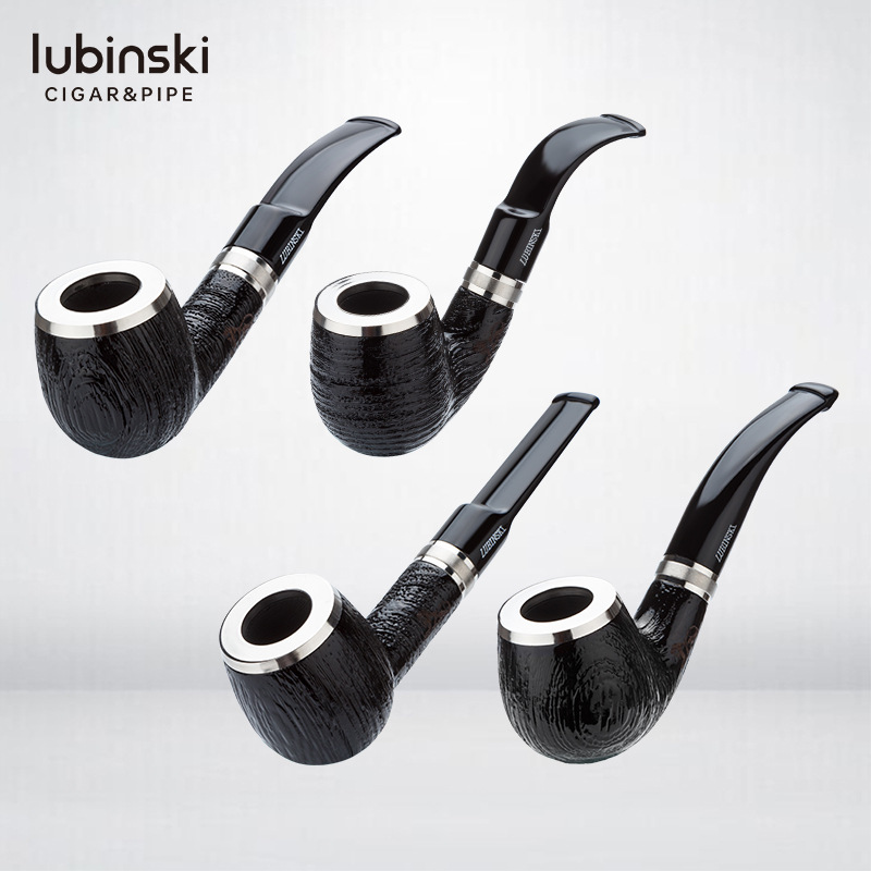 Lubinski Lubinski Pipe Ebony Double Silver Ring Sandblasted Pipe 9mm Flue Curved/Straight Pipe