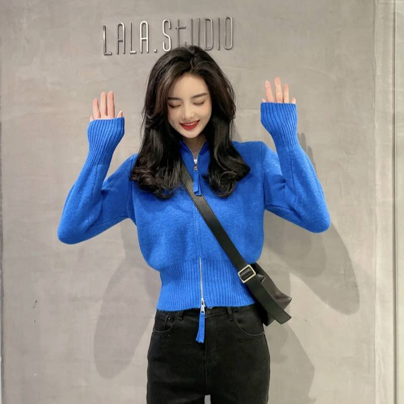 Klein Blue Short Sweater Coat for Women with Hood, Double Zipper Design, Slim Fit, Slimming Knit Cardigan