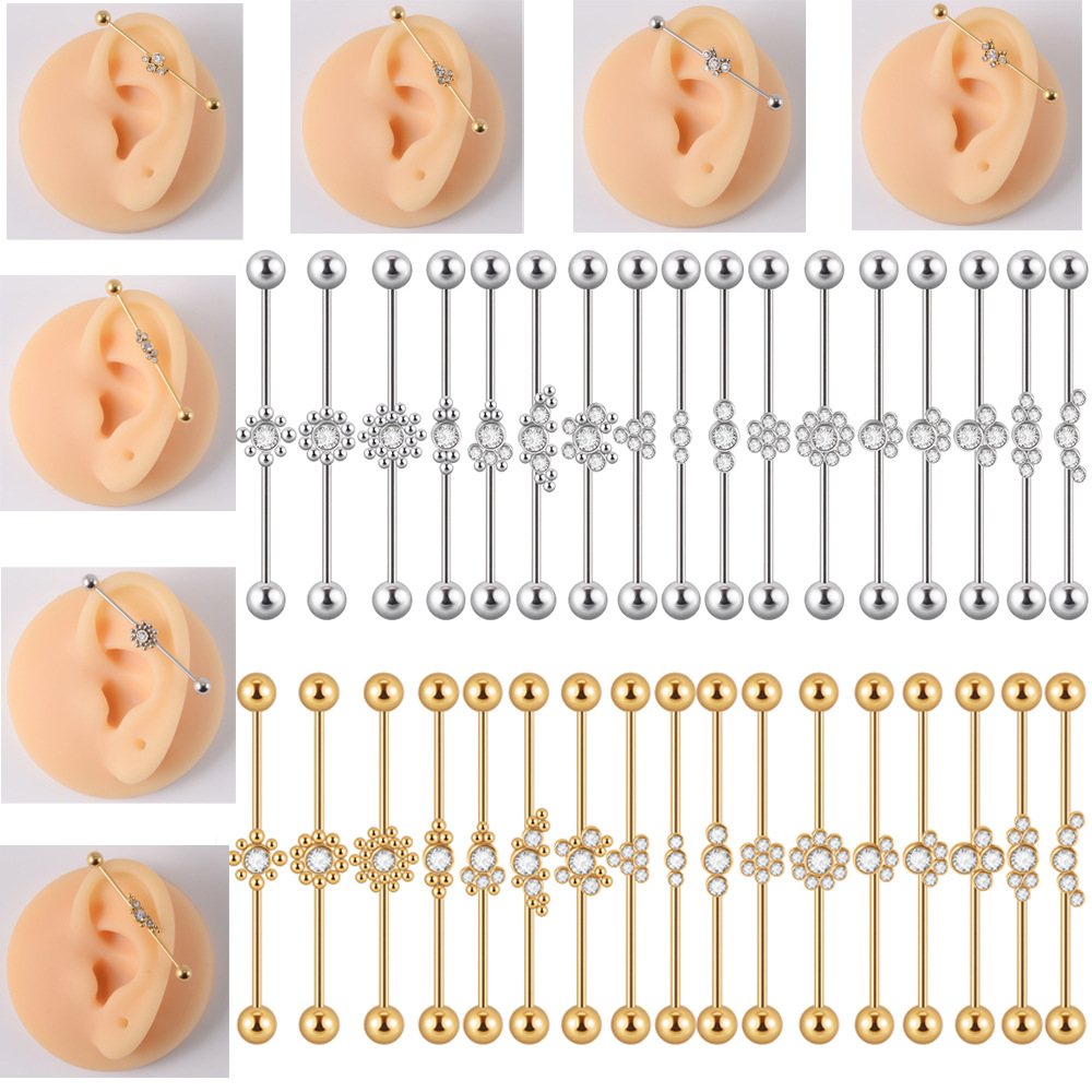 Cross-border piercing welding ball industrial barbell earrings 16G stainless steel multiple flower earrings double ear piercing long earrings