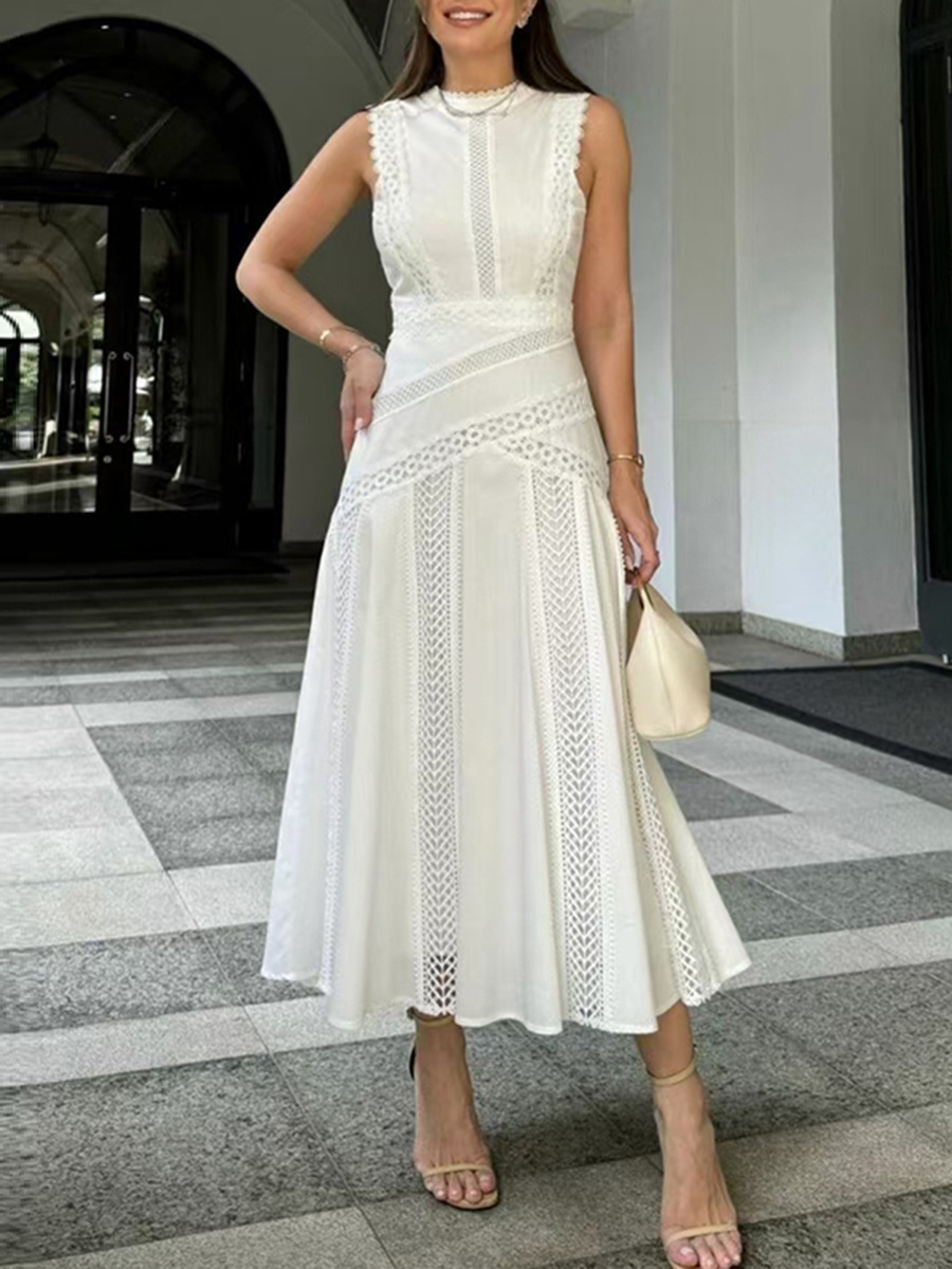 French Simple Retro Style 2026 Summer New Style Round Neck Sleeveless Waist-Cinching Lace Splicing Pure Color Long Dress for Women