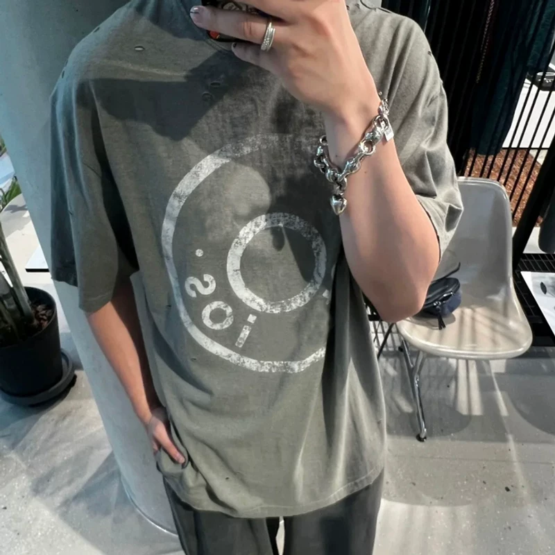 Pure Yuan AC OEM factory makes old holes, letters, buttons, badges, prints, loose and casual high street short sleeves, men's and women's beauty trends