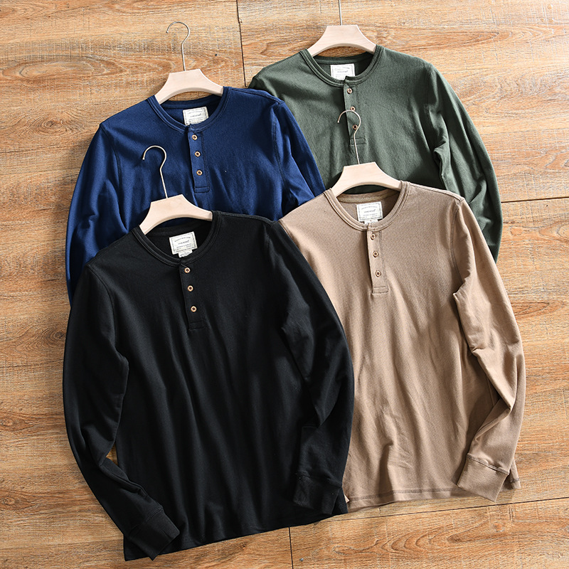 K Laomei Whole Single Henry Collar Cotton Retro Stretch Stir-fried Men's Base Long Sleeve T-shirt