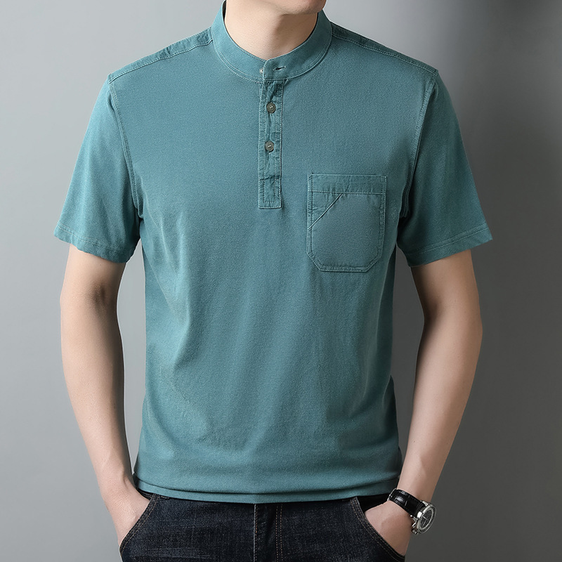 Vintage Japanese Tooling Thin Vertical Collar Half Sleeve Men's Base Cotton T Summer Old Men's T-shirt Men's Short Sleeve New Product