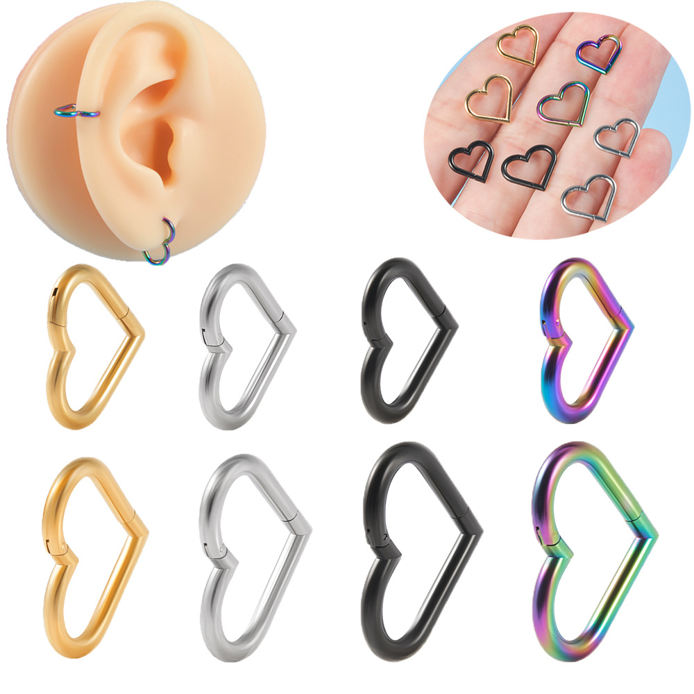 Cross-Border 16g Stainless Steel Electroplated Heart-Shaped Earrings Multi-Color Heart-Shaped Lip Ring Interface Ring Multi-Purpose Closed Ear Bone Ring